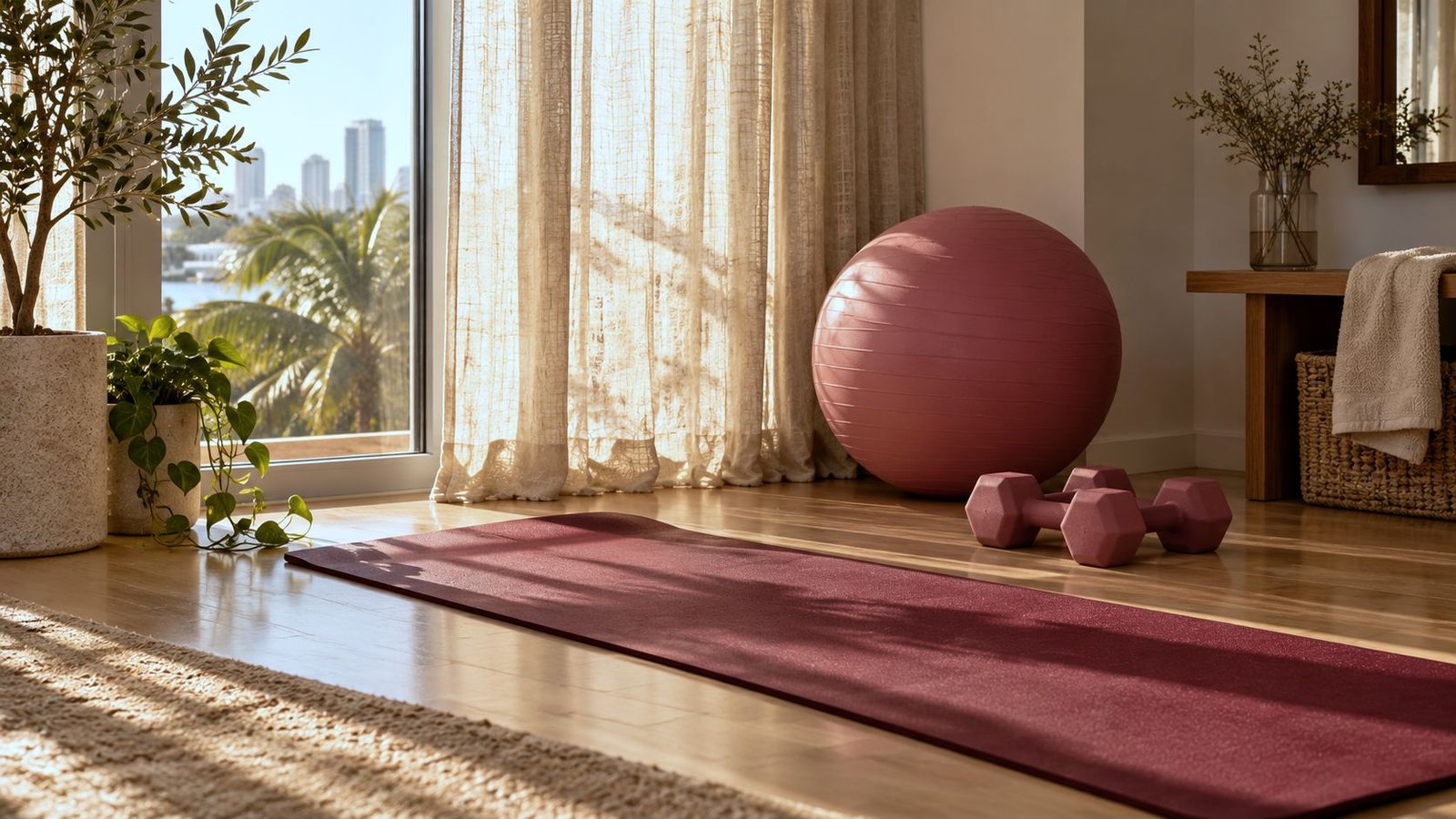 A corner at home with a burgundy mat, a pink ball and dumbbells