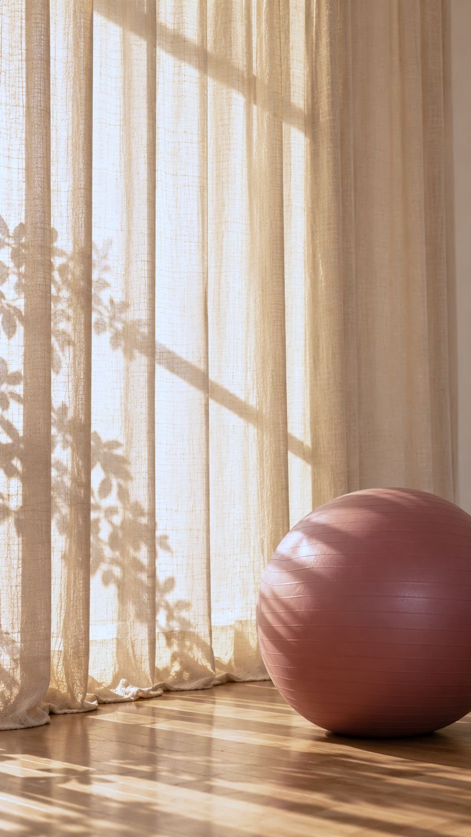 A pink ball on the wooden floor in window light